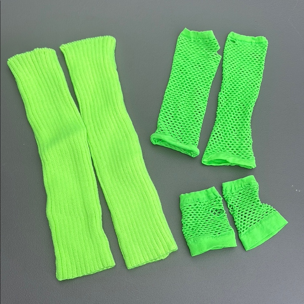 80s Neon Green Leg Warmers and fishnet Arm Sleeves Set